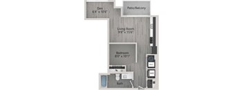A floor plan of a small apartment with a den, living room, patio, balcony, and bathroom.