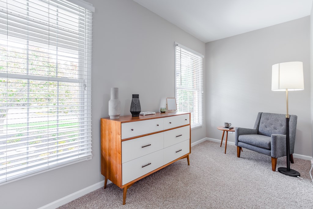 A room with a dresser, chair, and lamp.