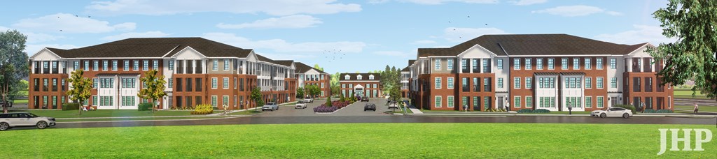 a rendering of a large brick building with cars parked in front of it