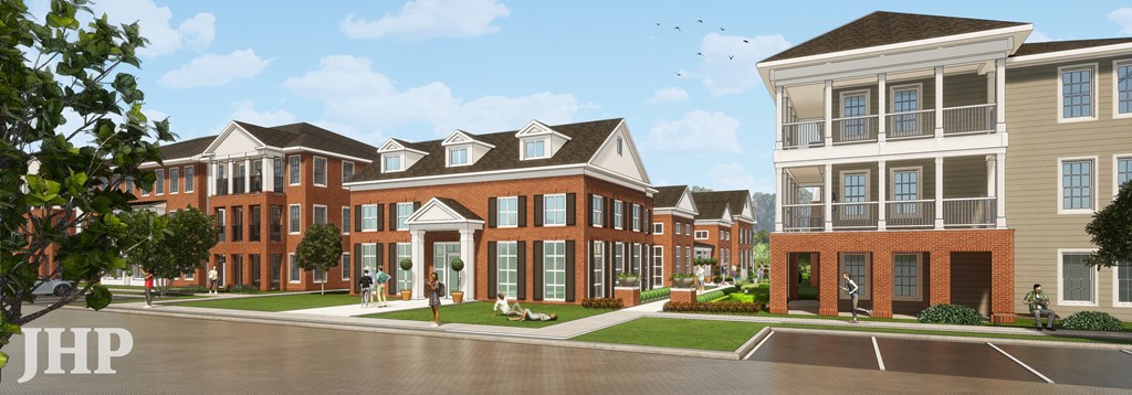 a rendering of a row of town houses on a street