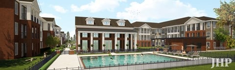 a rendering of an apartment building with a swimming pool