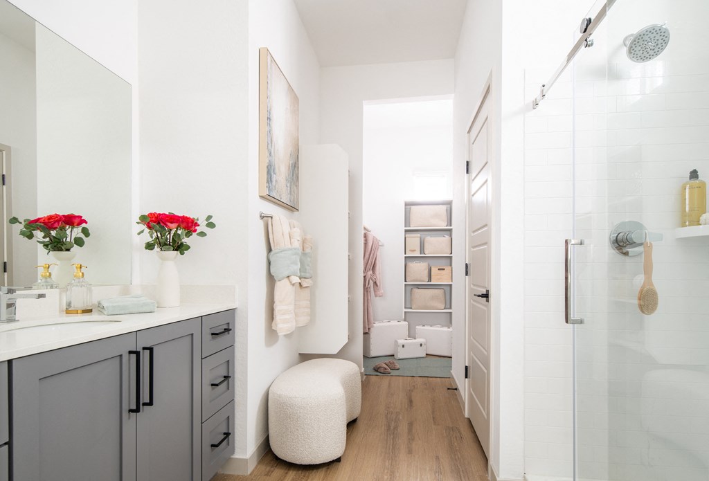 a bathroom with a shower and a sink and a mirror