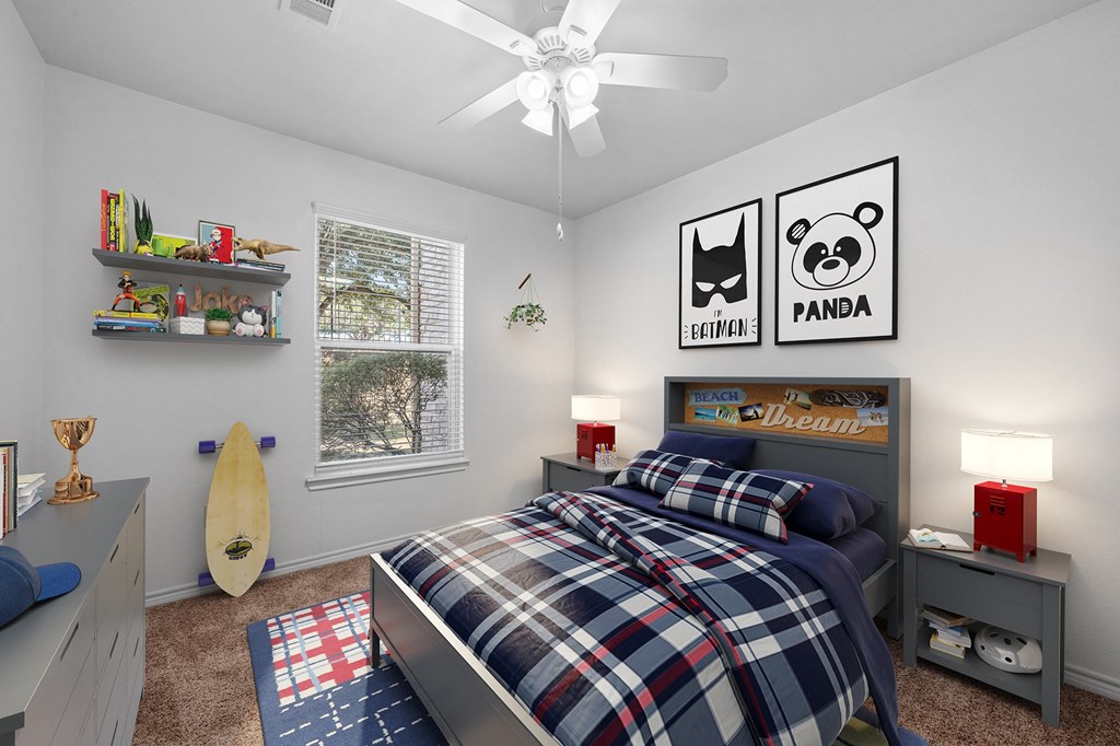 a bedroom with a bed and a surfboard on the wall