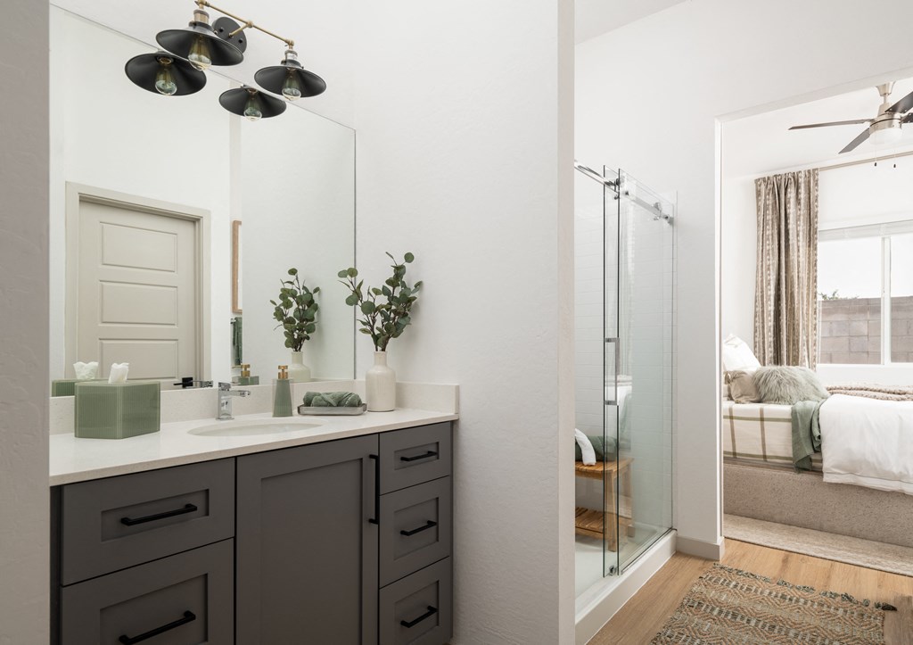 a bathroom with a sink and a shower and a mirror