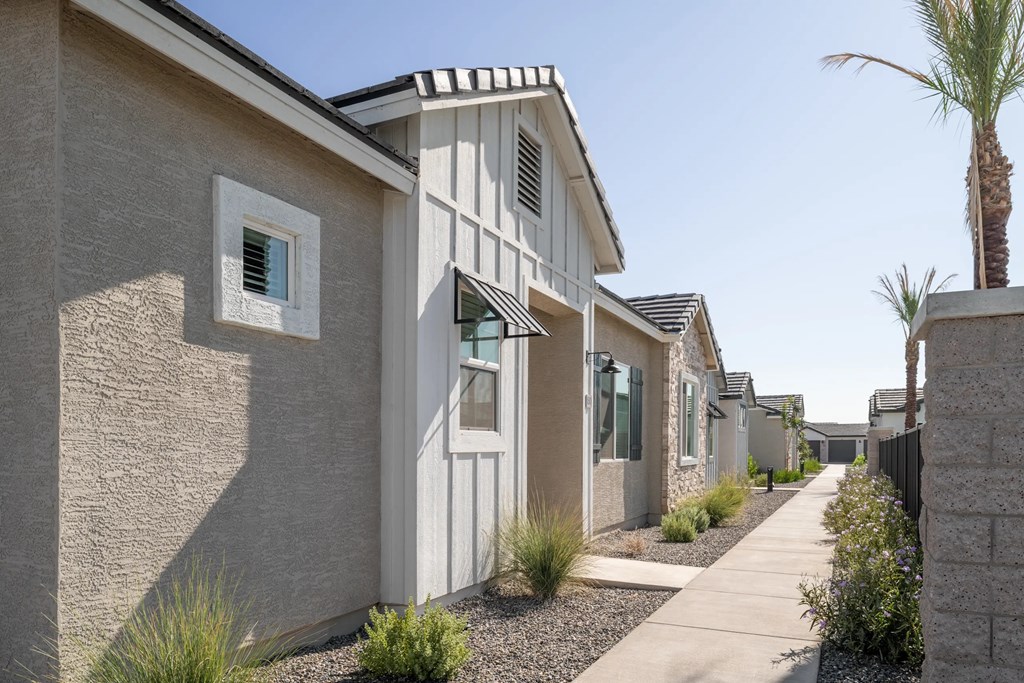 A row of houses with a palm tree in the front yard.