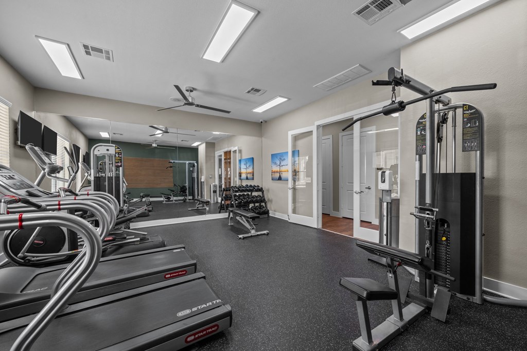 A gym with treadmills, weights, and exercise equipment.