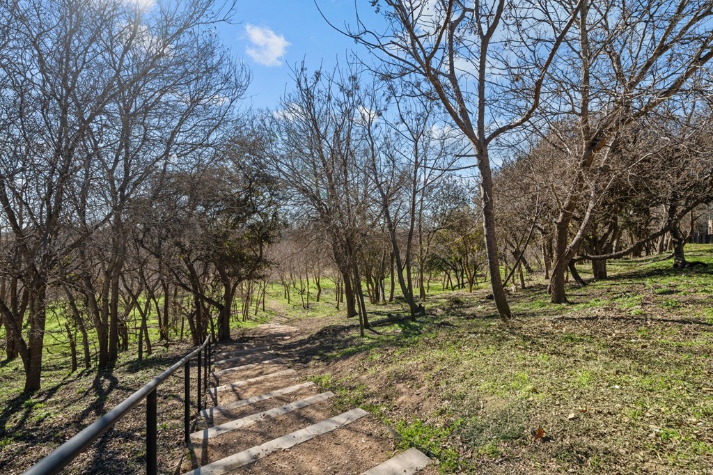A pathway with a metal railing on the left side leads through a grassy area with trees on both sides.