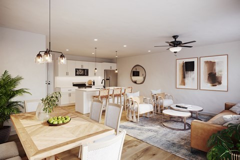 A modern living room with a dining table and chairs.