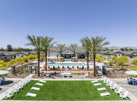 A pool surrounded by palm trees and lounge chairs.
