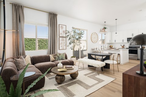 A modern living room with a brown sofa and a coffee table.