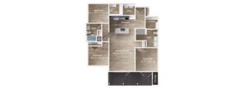 3-bedroom apartment entry next to coat closet. Hallway into kitchen with island, then living room with large balcony with storage. Bedroom 1 with balcony access, dual vanity bath, walk-in closet. Bedroom 2 with closet. Bedroom 3 with bathroom access, walk-in closet.