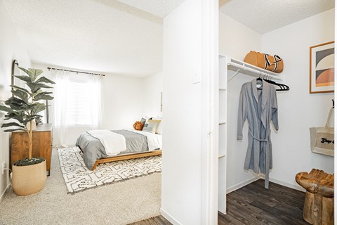 a bedroom with a bed and a closet with a robe hanging on the wall