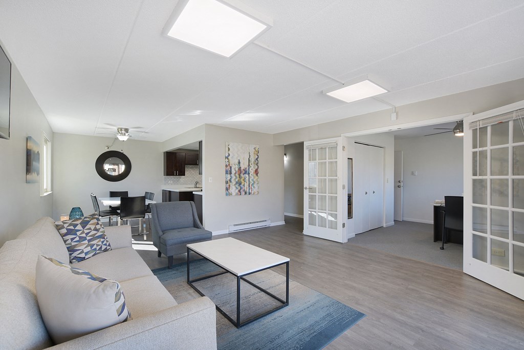 a living room with a couch and a coffee table
