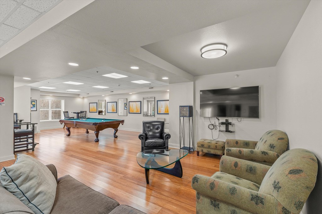 a game room with a pool table and couches