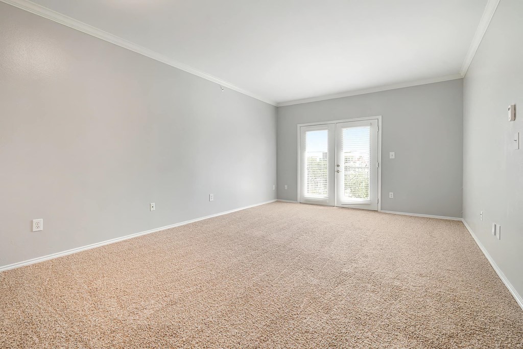 a bedroom with gray walls and a carpeted floor