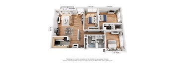 A 3D floor plan of a small apartment with a kitchen, living room, and bedrooms.