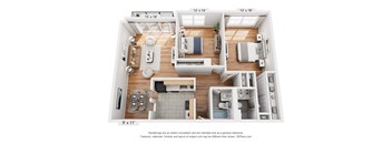 A 3D floor plan of a house with labeled dimensions.