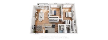 A 3D floor plan of a small apartment with a kitchen, living room, and bathroom.