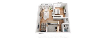 A 3D floor plan of a small apartment with a kitchen, living room, and bathroom.