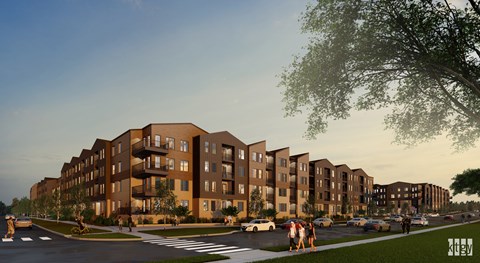 A modern apartment complex is depicted in the image.