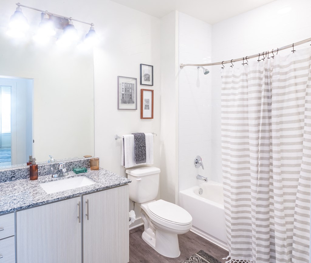 lighted bathroom with tub and granite sink