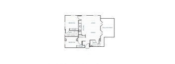 A floor plan of a house with two bedrooms, a living area, a kitchen, a dining area, a bathroom, and an entry.