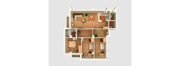 A floor plan of a house with a living room, two bedrooms, and a bathroom.