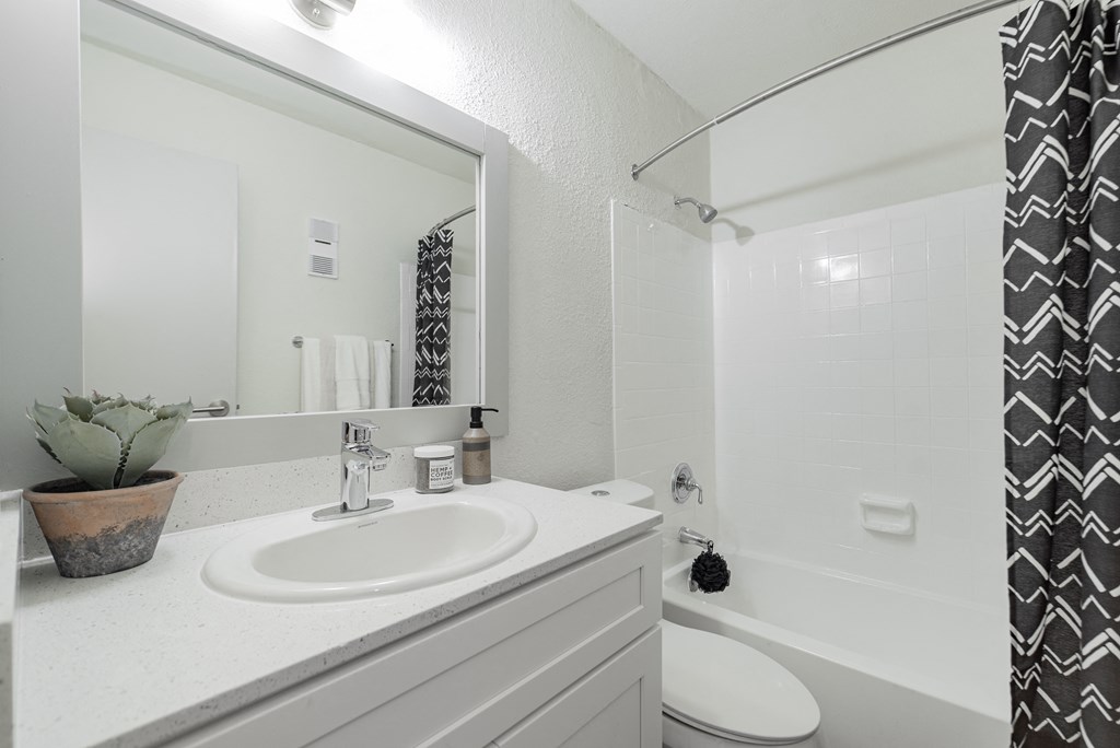 A bathroom with a sink, toilet, and shower.