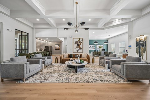 A spacious living room with grey couches and a patterned rug.