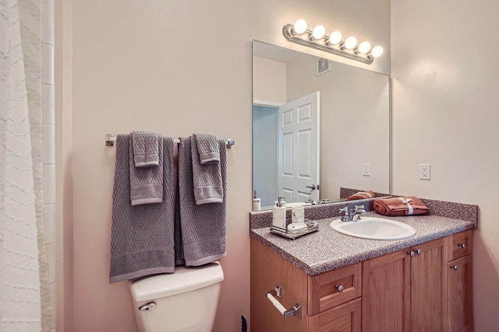 A bathroom with a toilet, sink, mirror, and towel rack.