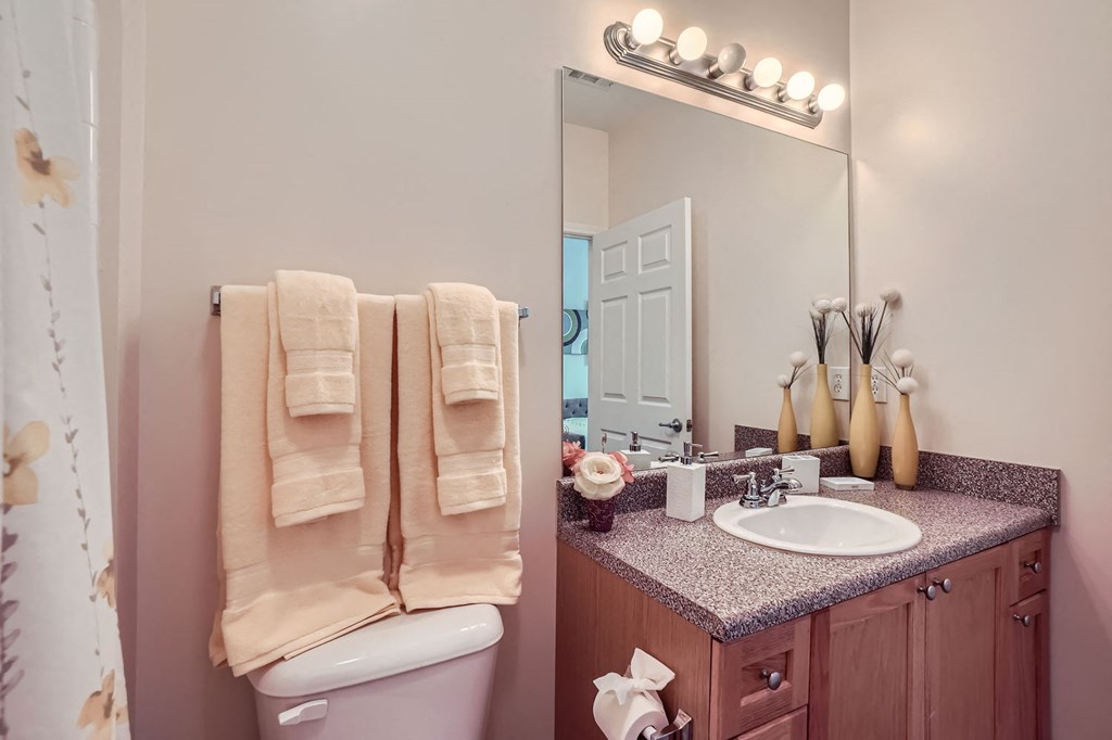 A bathroom with a toilet, sink, mirror, and towel rack.
