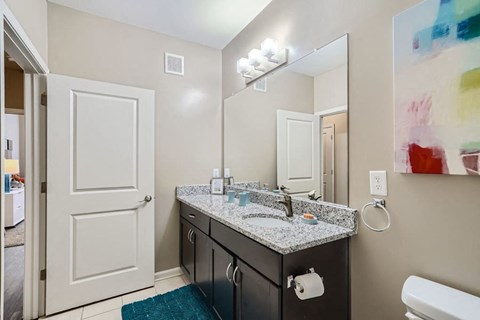 A bathroom with a sink, mirror, and toilet paper holder.