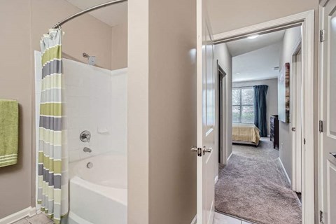 A bathroom with a shower curtain and a bathtub.