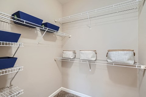 A white shelving unit with blue and white bins and bags.