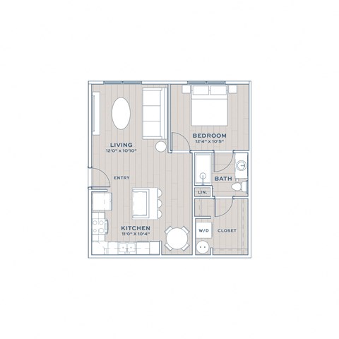 A floor plan of a small apartment with a living room, kitchen, bedroom, and bathroom.