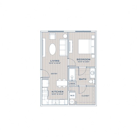 A floor plan of a small apartment with a living room, kitchen, bathroom, and bedroom.