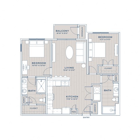 A floor plan of a house with two bedrooms, a living area, a kitchen, and two bathrooms.