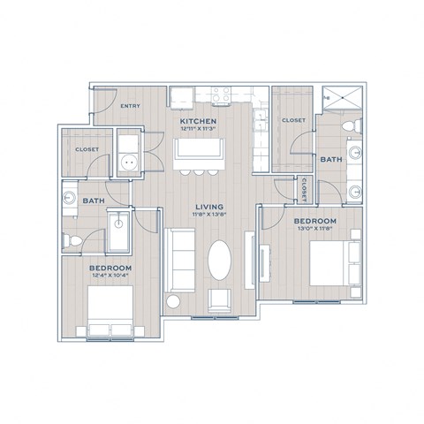A floor plan of a house with a kitchen, living room, and two bedrooms.