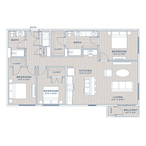 A floor plan of a house with three bedrooms, a living room, a kitchen, two bathrooms, and a balcony.