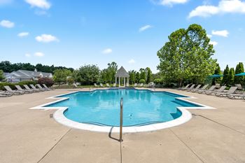 an oval swimming pool with chairs around it and trees in the background