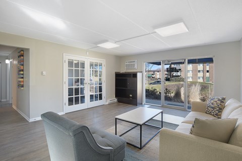 a living room with a couch and a coffee table