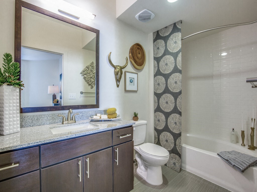 a bathroom with a shower toilet and sink and a mirror