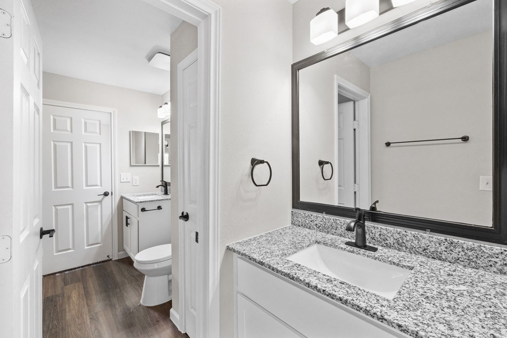 A bathroom with a sink, mirror, toilet and a door.