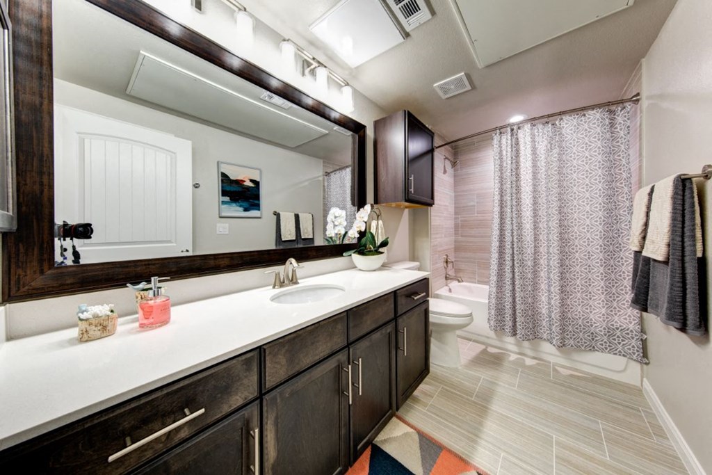 a bathroom with a large mirror and a sink
