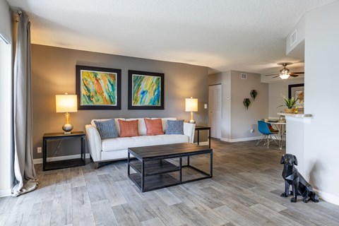 A living room with a white couch, a black dog, and two abstract paintings on the wall.