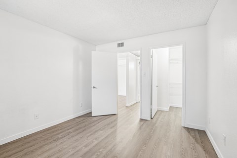 A white room with wood flooring and three doors.
