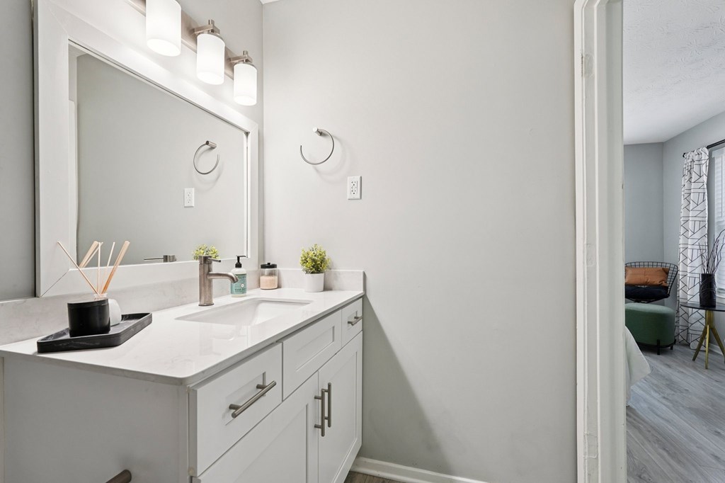 A bathroom with a white vanity and a large mirror.