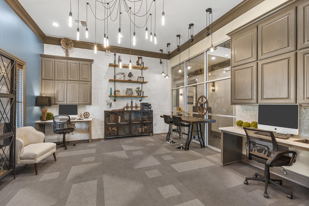 a rendering of a lobby with desks and chairs and chandeliers