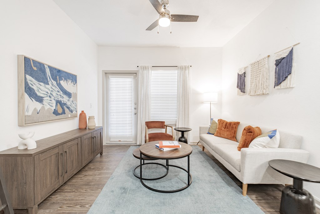 a living room with a couch and a coffee table