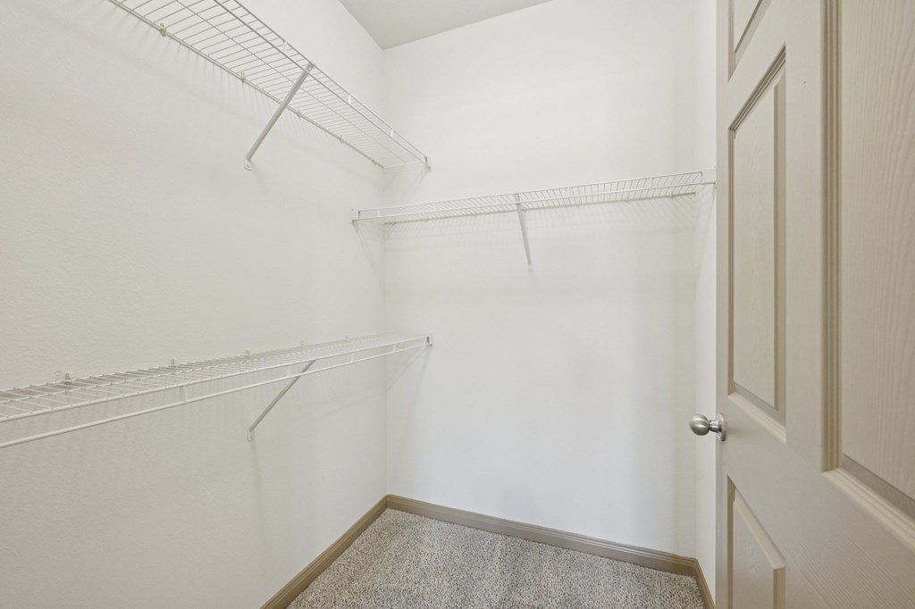 A white closet with a carpeted floor and a door on the right.